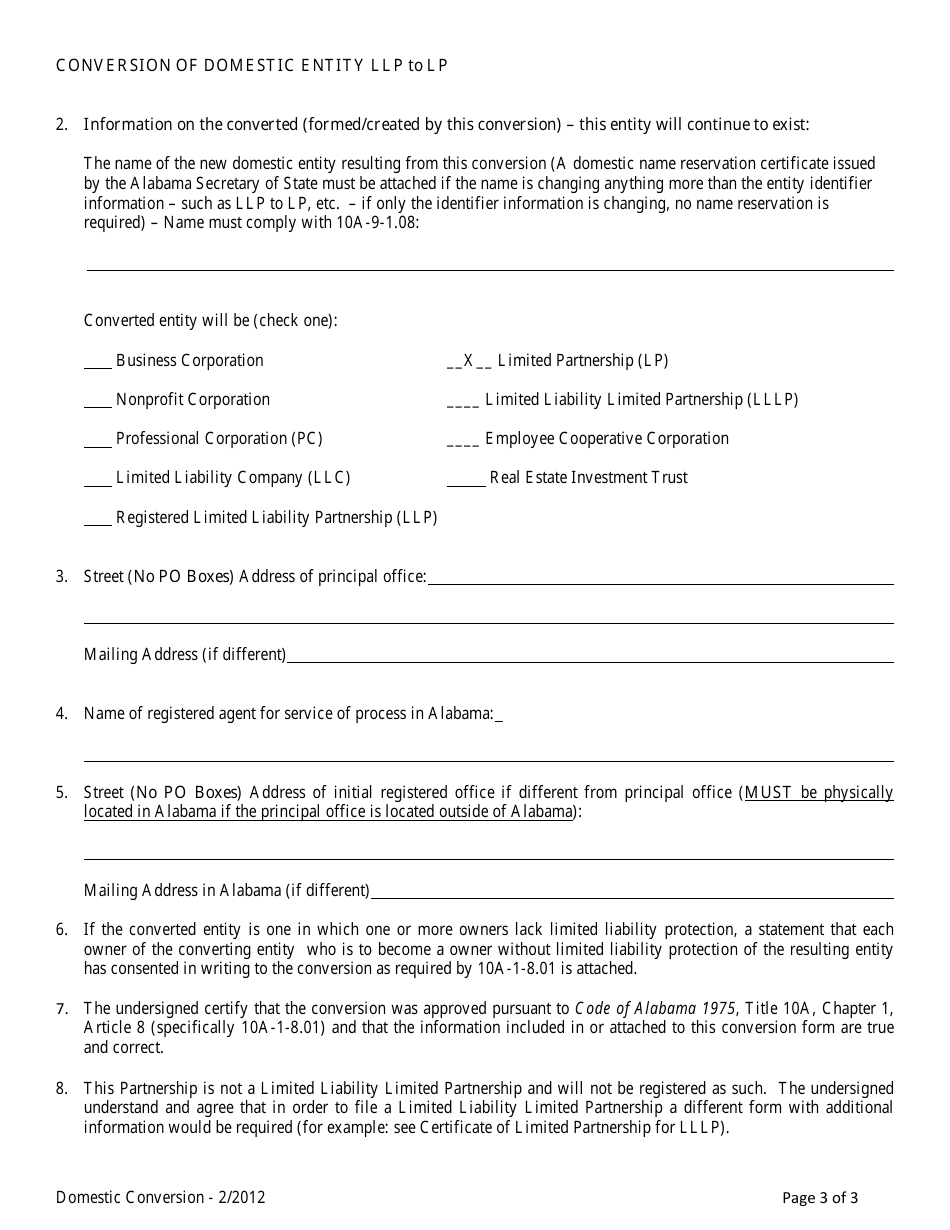 Conversion of a Domestic Entity LLP to Lp - Alabama, Page 2