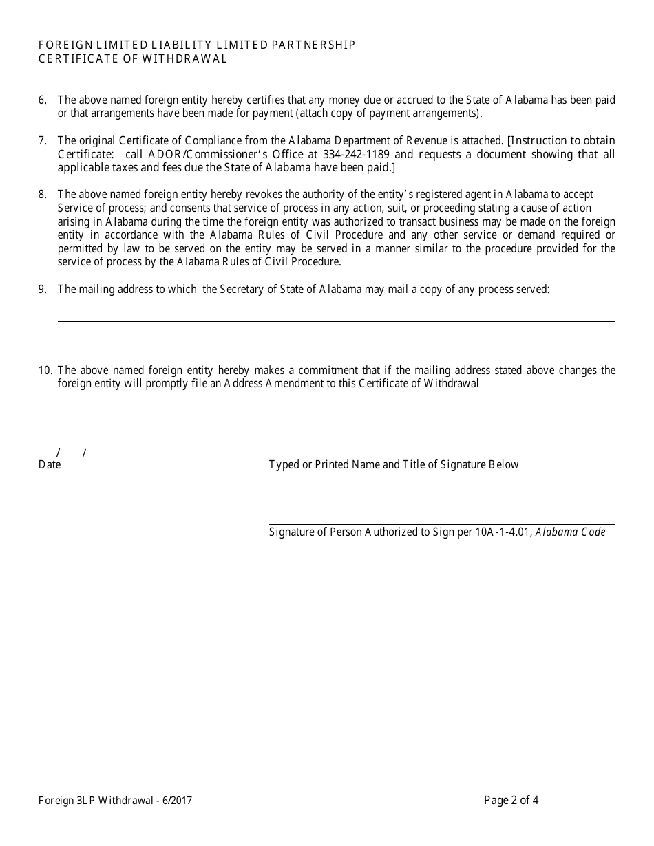 Foreign Limited Liability Limited Partnership Certificate of Withdrawal - Alabama, Page 2