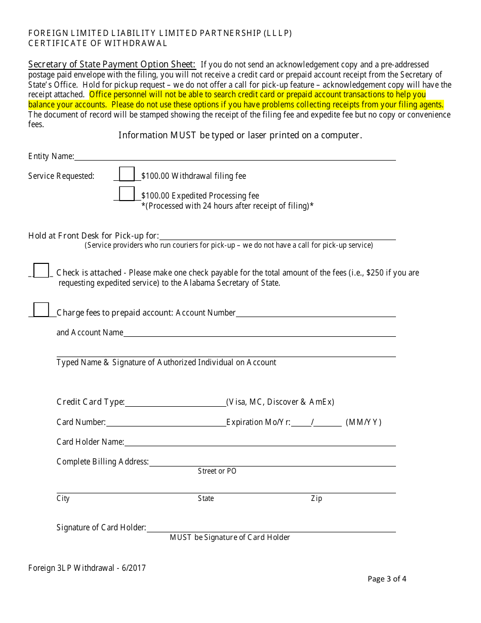 Foreign Limited Liability Limited Partnership Certificate of Withdrawal - Alabama, Page 3