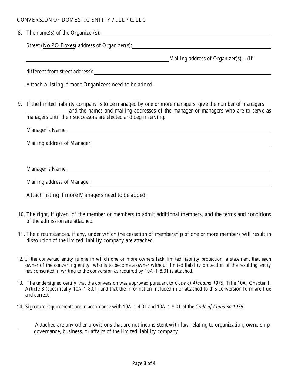 Conversion of a Domestic Entity - Limited Liabilitylimited Partnership to Limited Liability Company - Alabama, Page 3