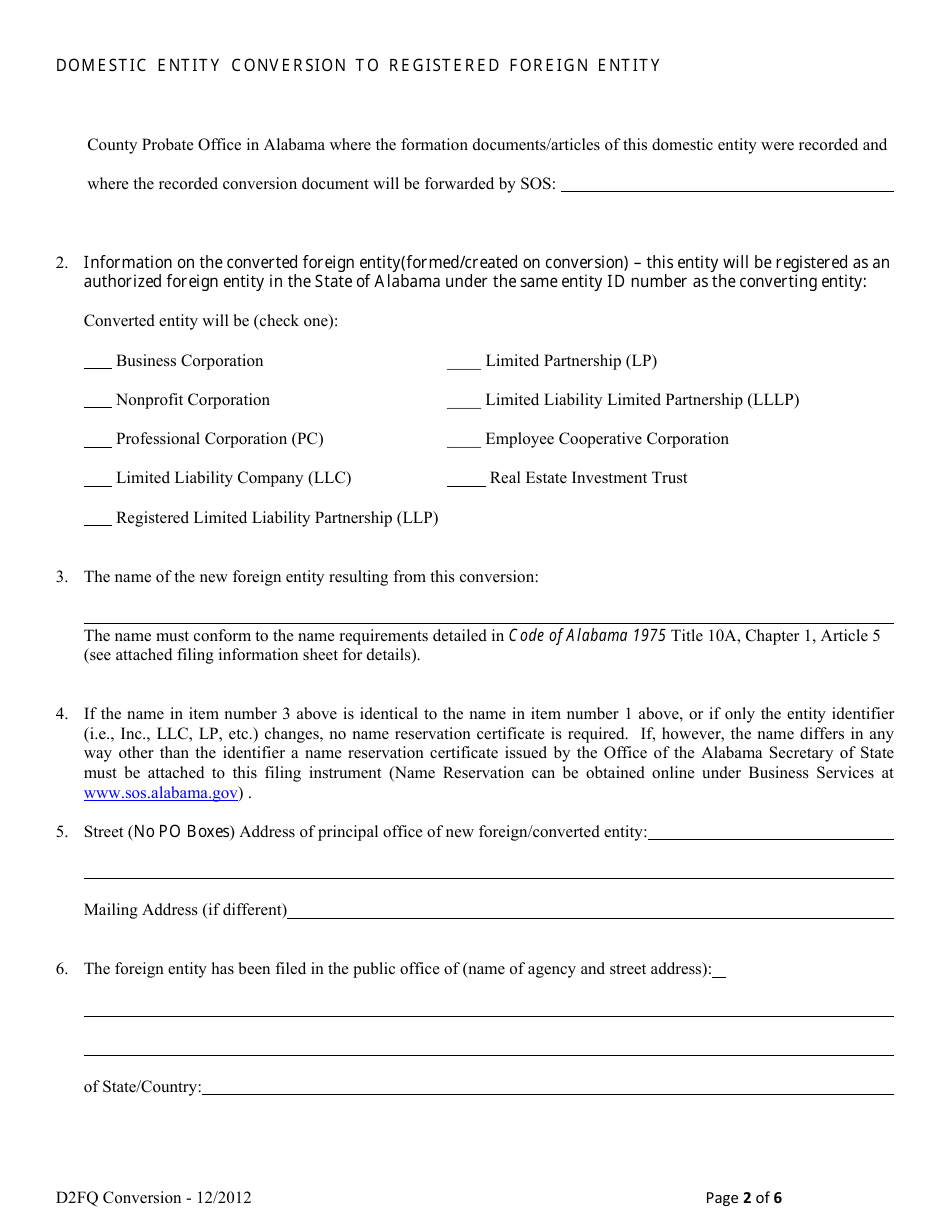 Domestic Entity Conversion to Registered Foreign Entity - Alabama, Page 2