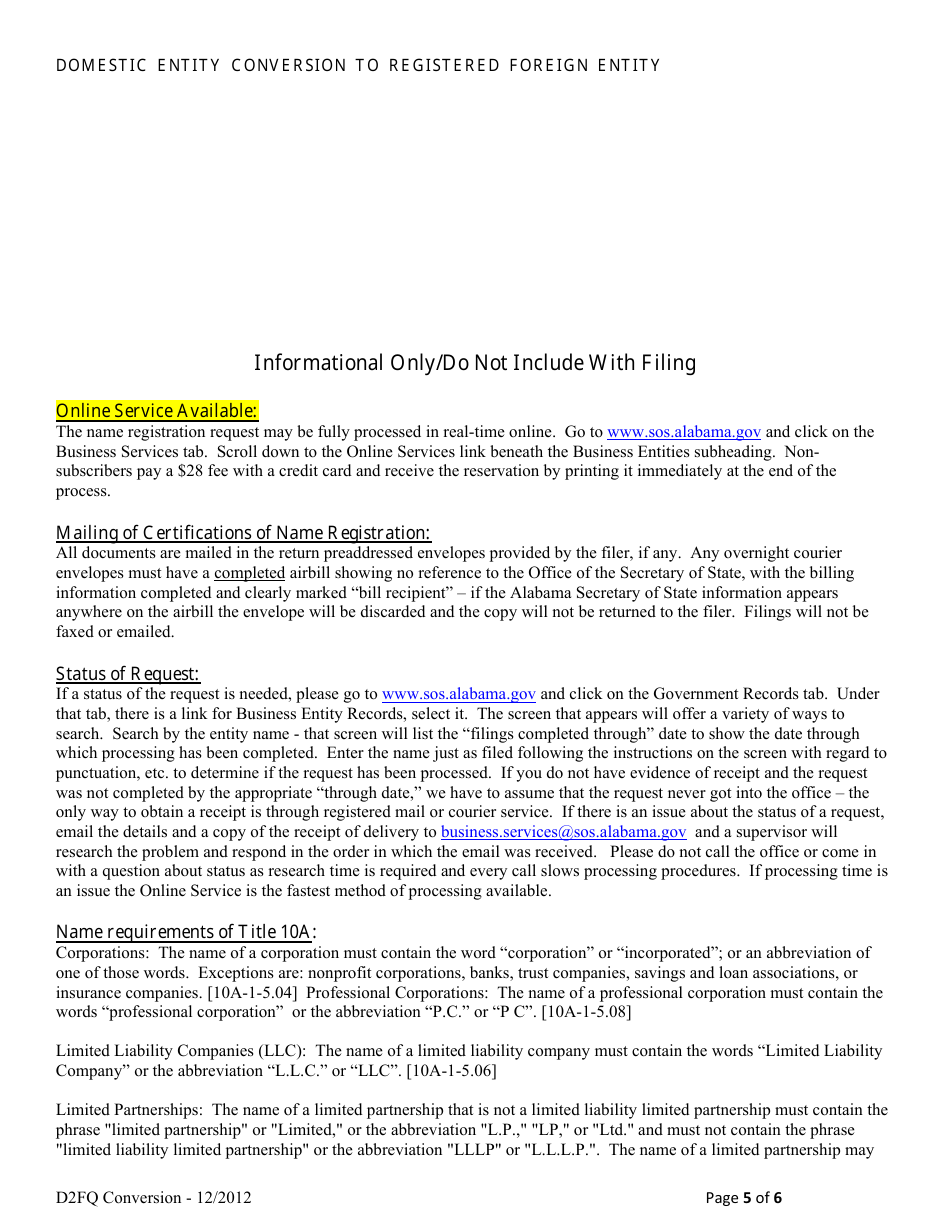 Domestic Entity Conversion to Registered Foreign Entity - Alabama, Page 5