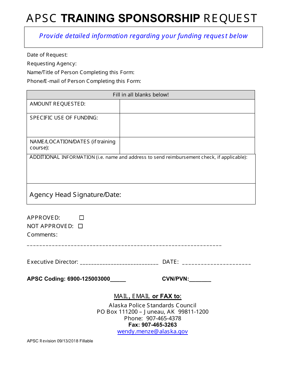 Apsc Training Sponsorship Request Form - Alaska, Page 1