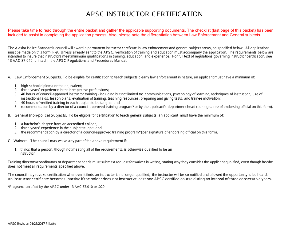 Form F-9 Apsc Instructor Certification Application - Alaska, Page 1