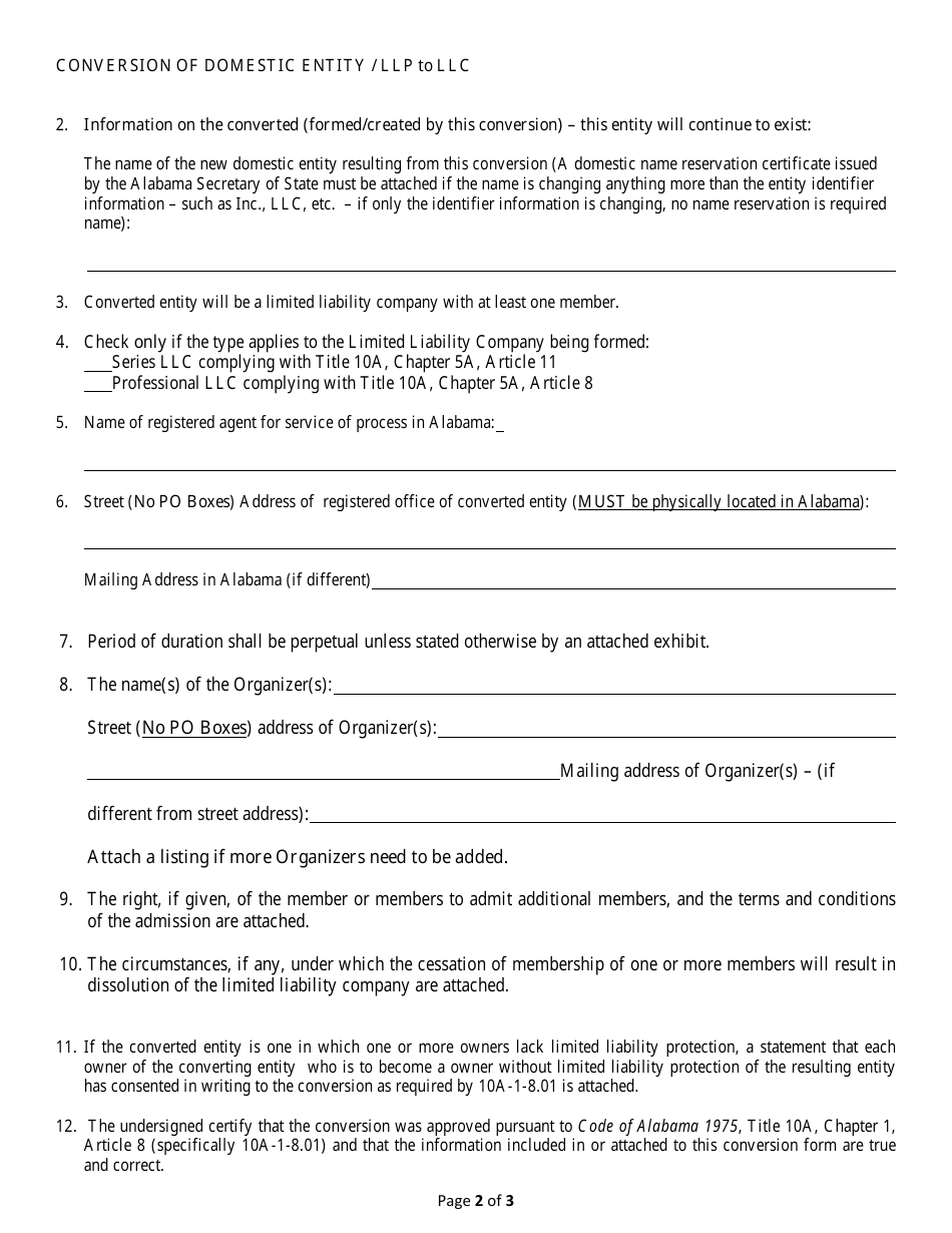 Conversion of a Domestic Entity - Limited Liability Partnership to Limited Liability Company - Alabama, Page 2