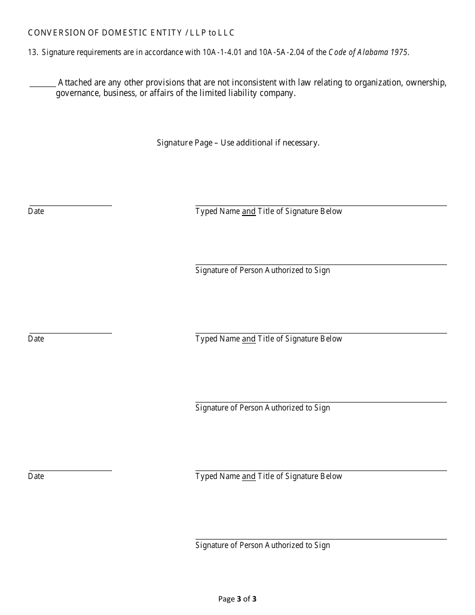 Conversion of a Domestic Entity - Limited Liability Partnership to Limited Liability Company - Alabama, Page 3