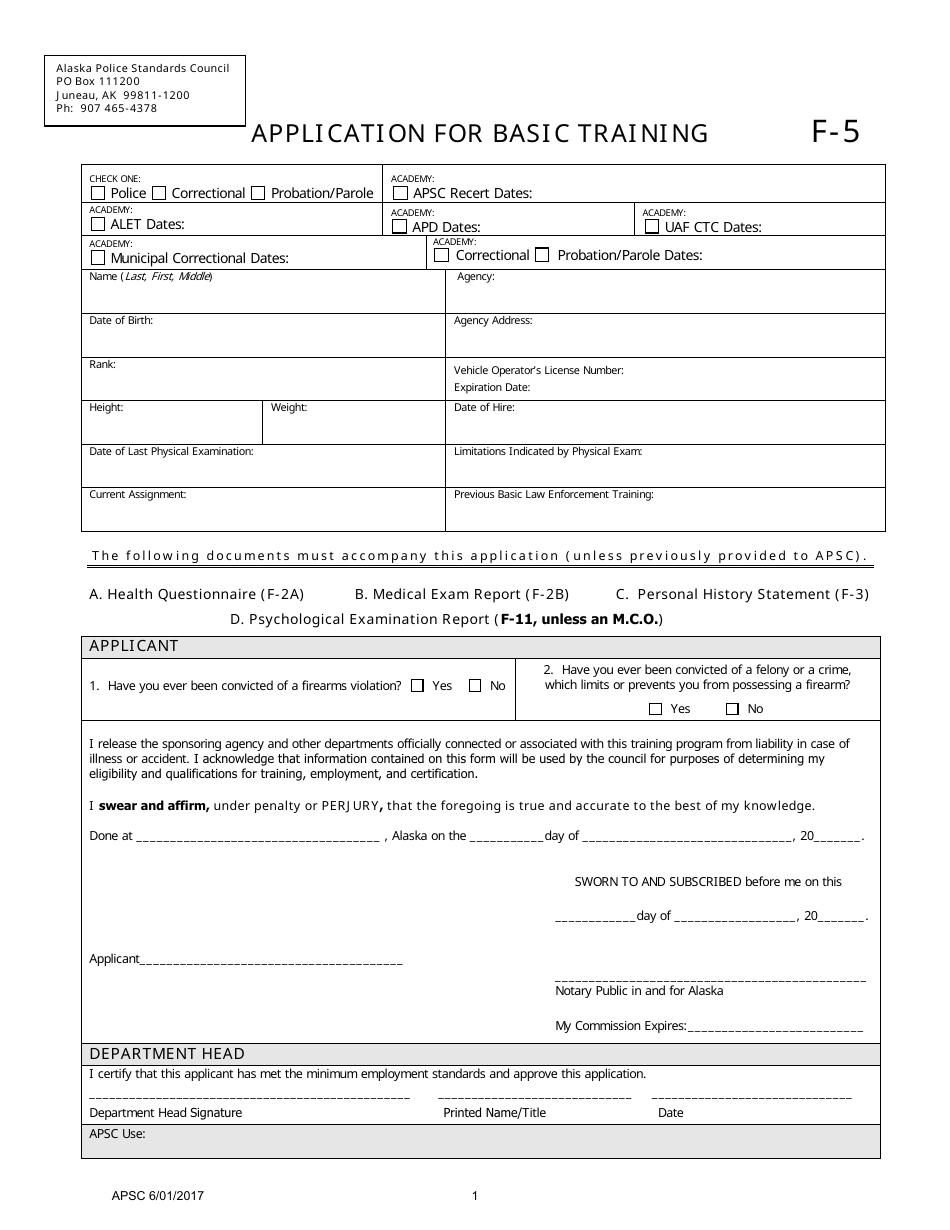 Form F-5 Application for Basic Training - Alaska, Page 1