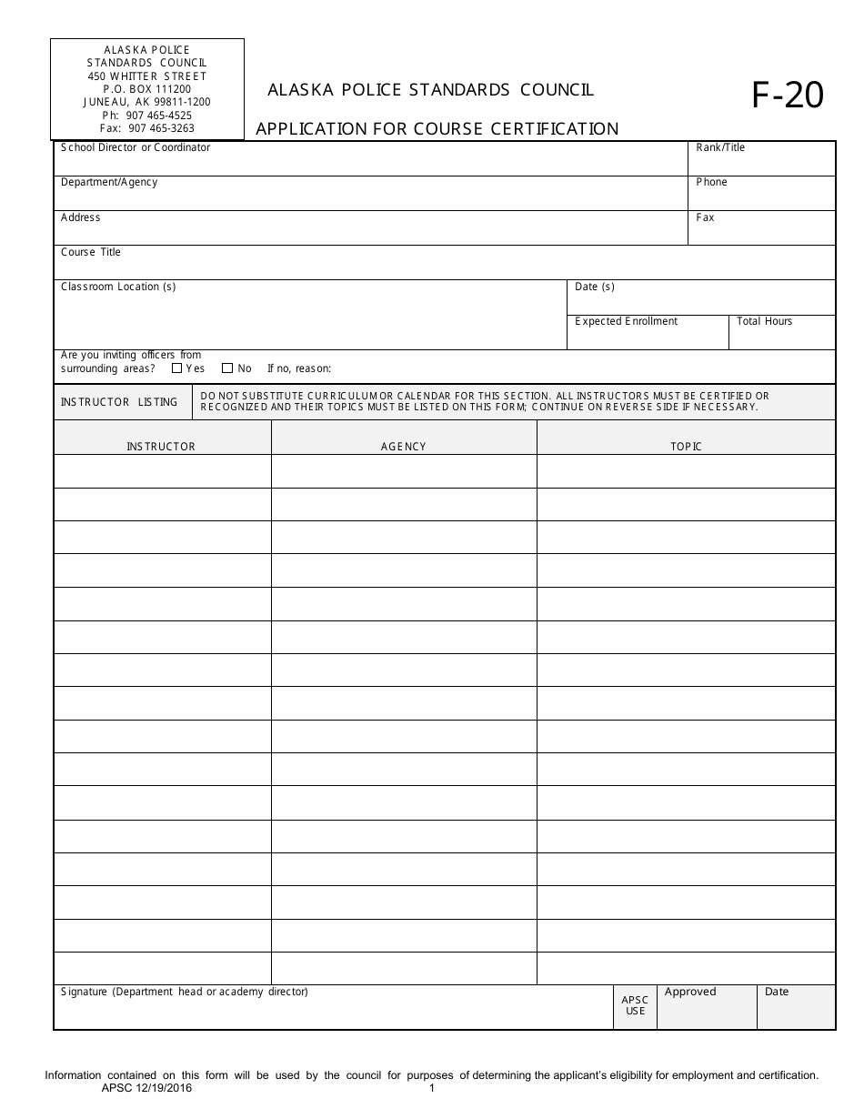Form F-20 Application for Course Certification - Alaska, Page 1