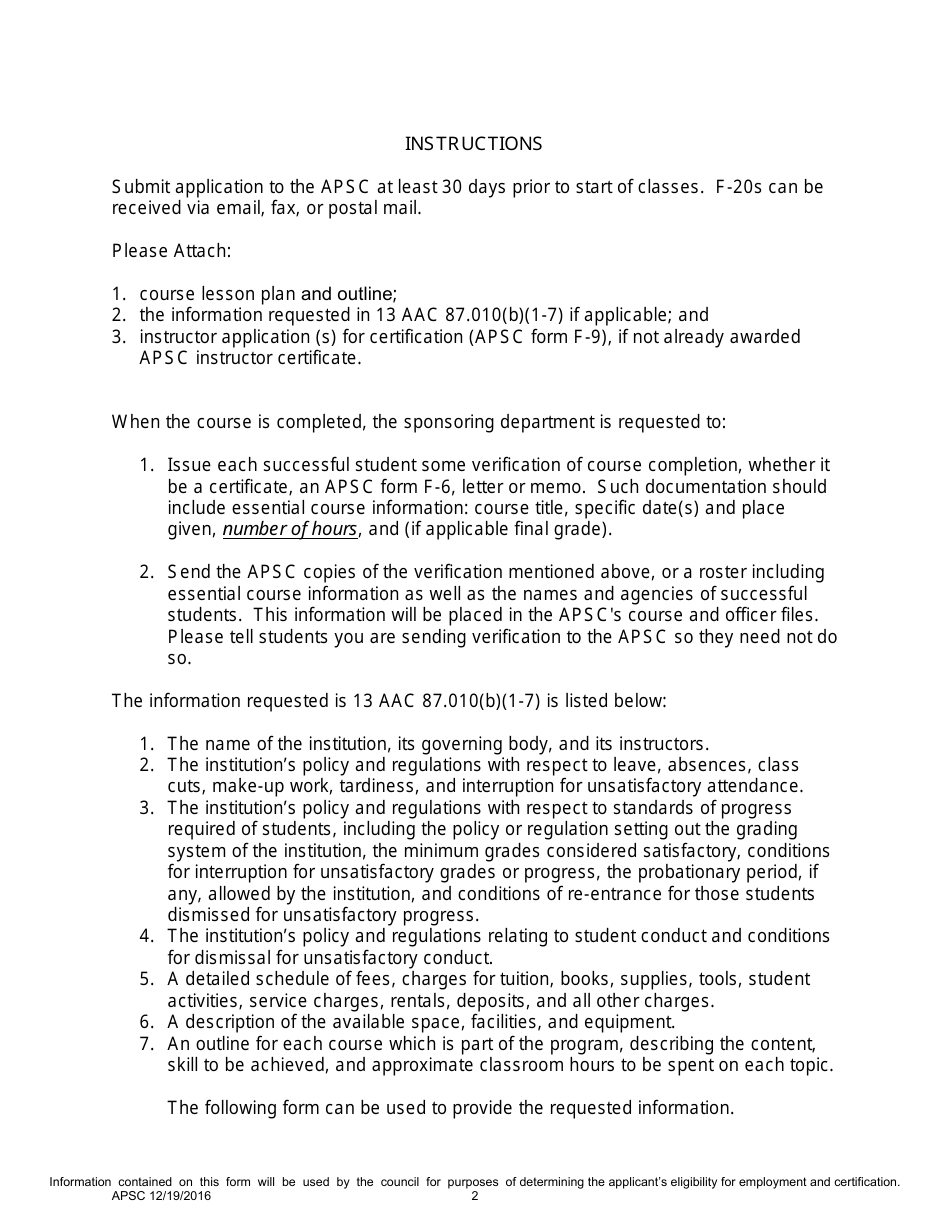 Form F-20 Application for Course Certification - Alaska, Page 2