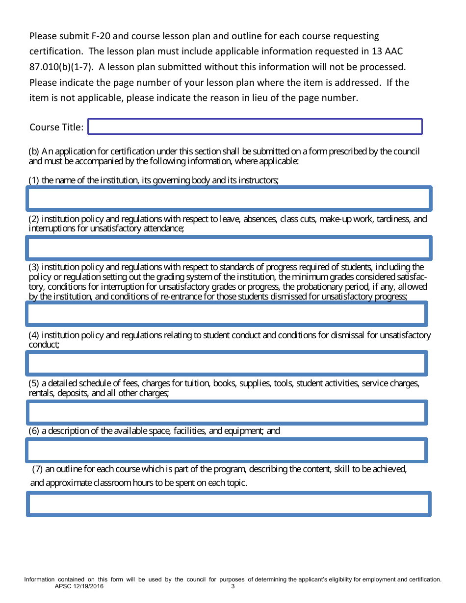 Form F-20 Application for Course Certification - Alaska, Page 3