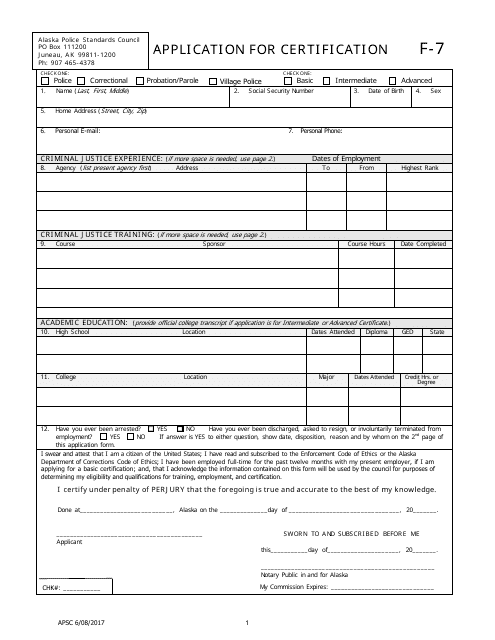 Form F-7 Application for Certification - Alaska