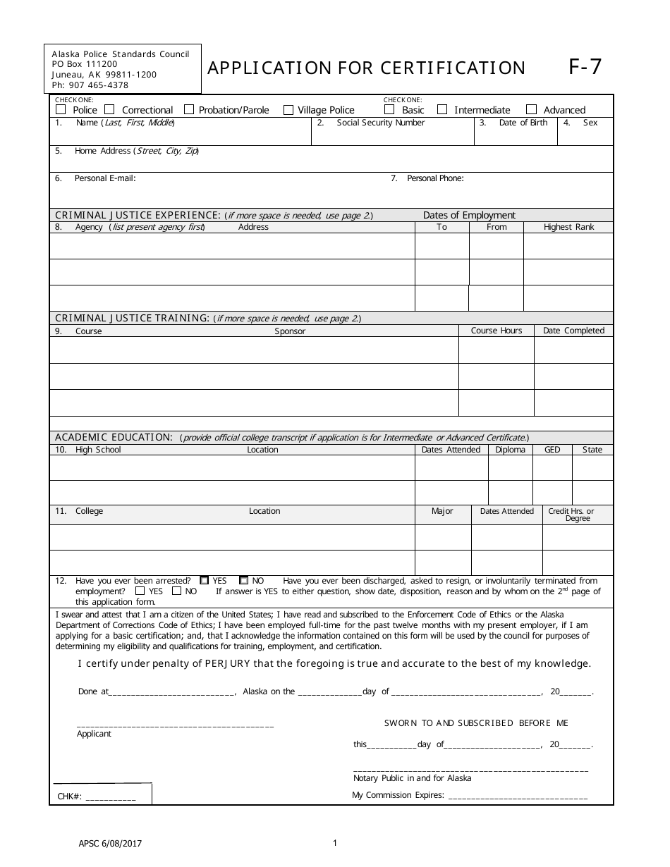 Form F-7 Application for Certification - Alaska, Page 1