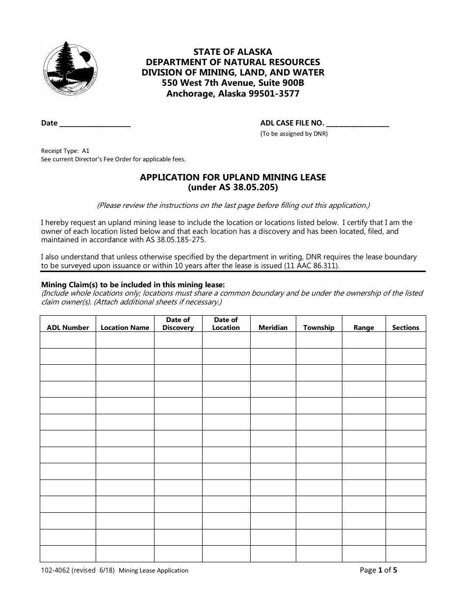 Form 102-4062 Application for Upland Mining Lease - Alaska, Page 1