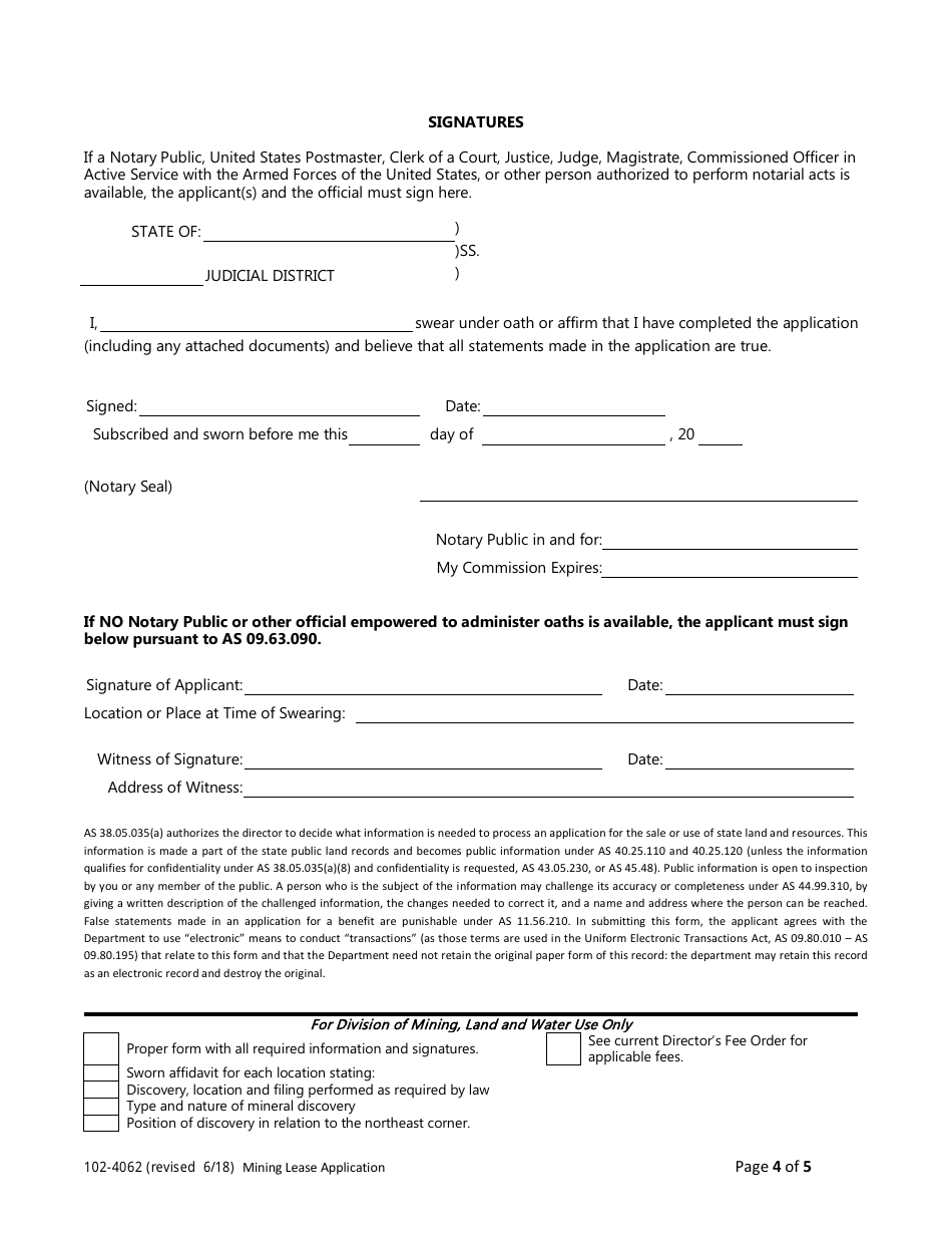 Form 102-4062 Application for Upland Mining Lease - Alaska, Page 4