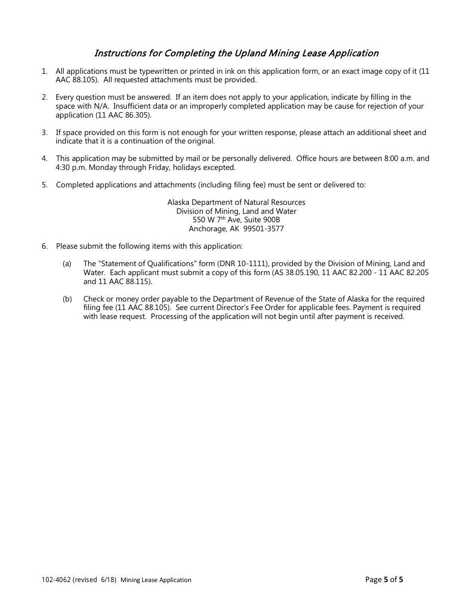 Form 102-4062 Application for Upland Mining Lease - Alaska, Page 5