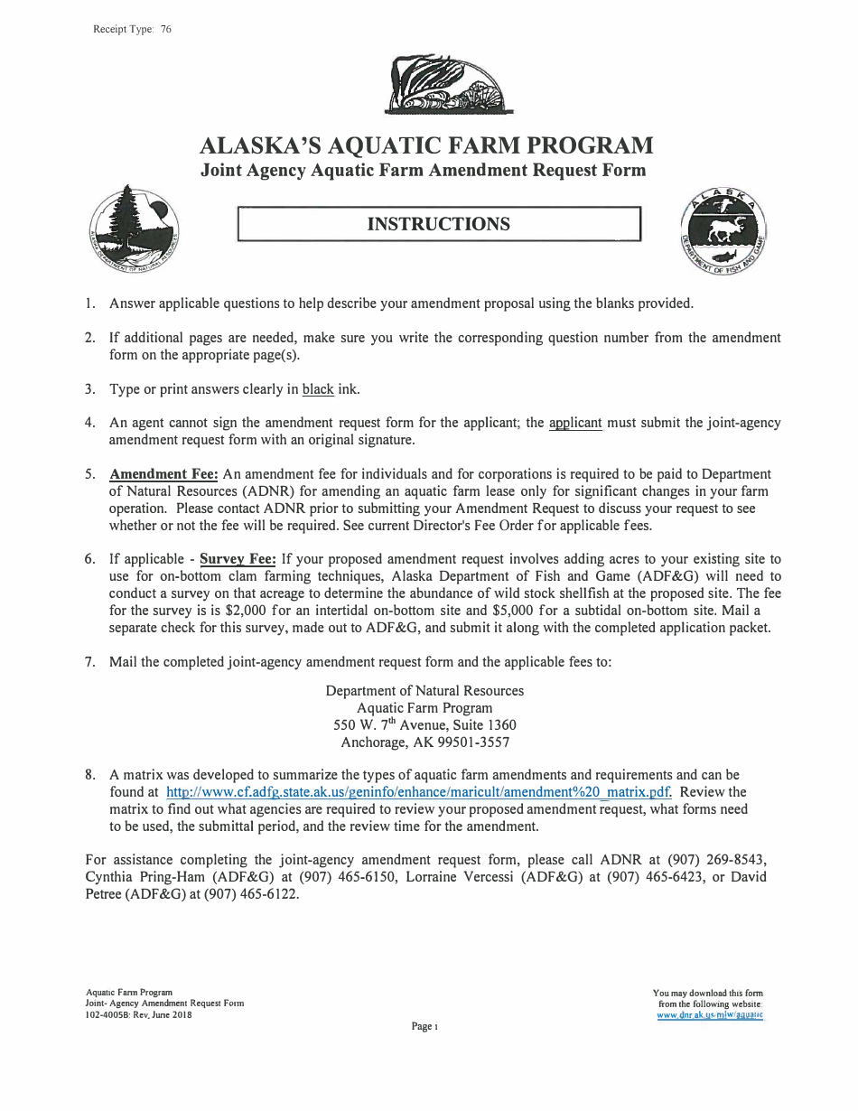 Form 102-4005B Joint Agency Aquatic Farm Amendment Request Form - Alaskas Aquatic Farm Program - Alaska, Page 1