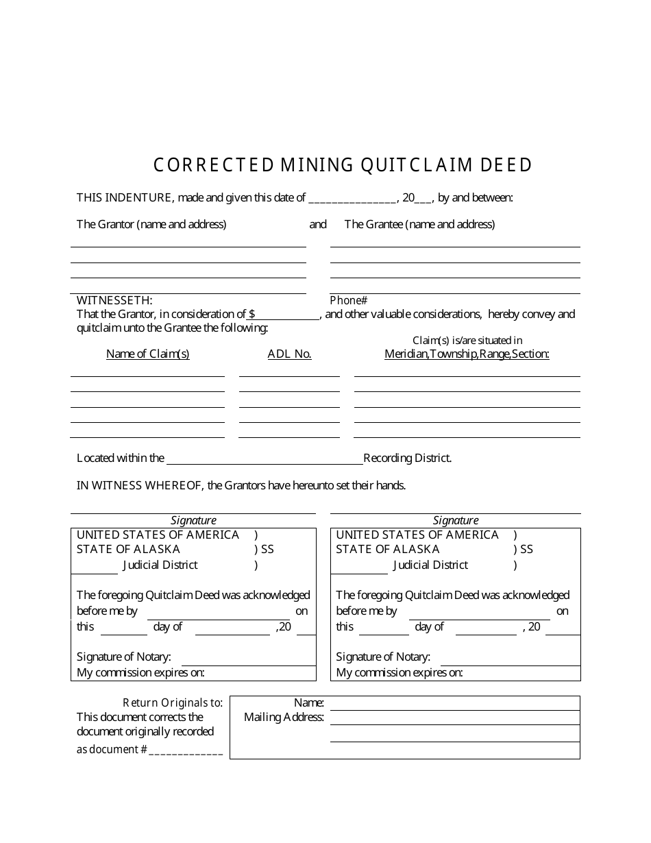 Corrected Mining Quitclaim Deed Form - Alaska, Page 1