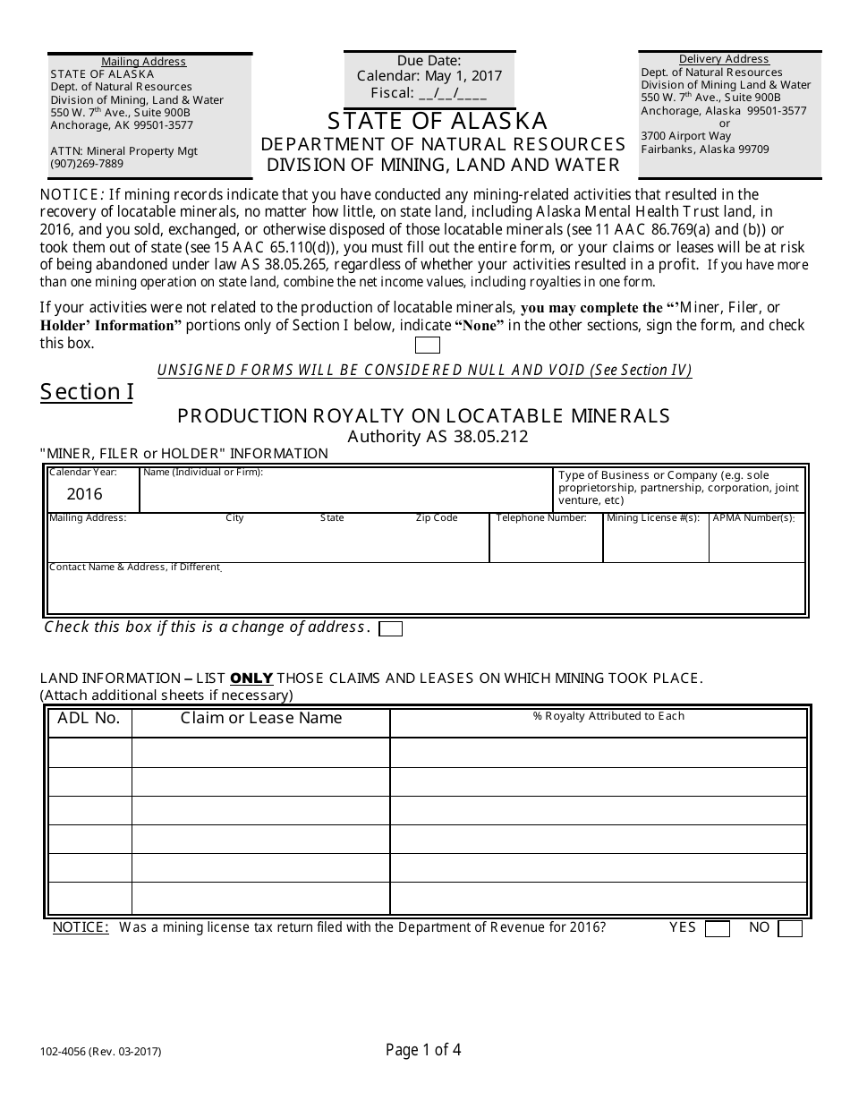 Form 102-4056 Production Royalty on Locatable Minerals - Alaska, Page 1