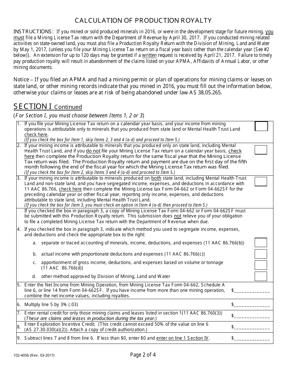 Form 102-4056 Production Royalty on Locatable Minerals - Alaska, Page 2