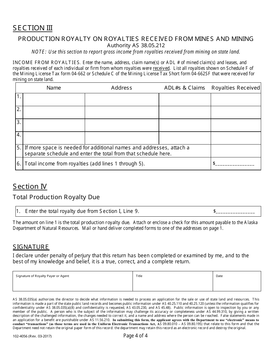 Form 102-4056 Production Royalty on Locatable Minerals - Alaska, Page 4