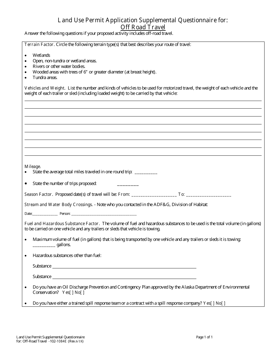 Form 102-1084E Land Use Permit Application Supplemental Questionnaire for off Road Travel - Alaska, Page 1