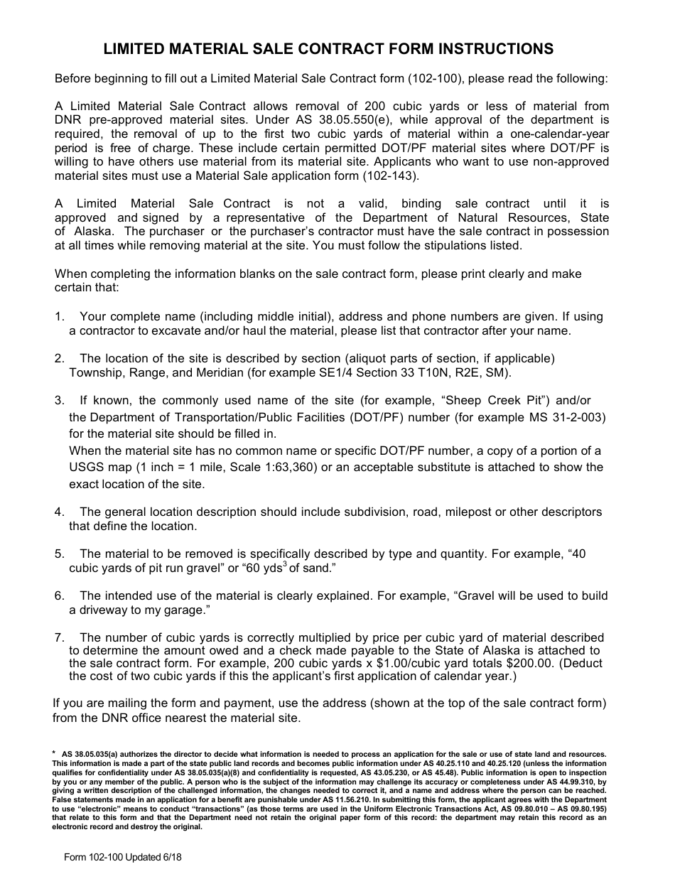 Form 102-100 Limited Material Sale Contract - Alaska, Page 3