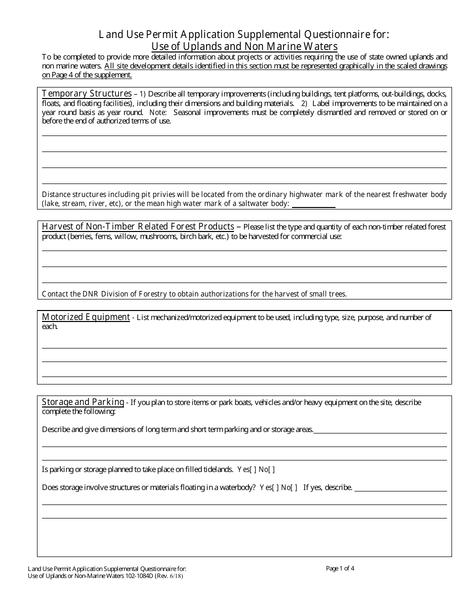 Form 102-1084D Land Use Permit Application Supplemental Questionnaire for: Use of Uplands and Non Marine Waters - Alaska, Page 1