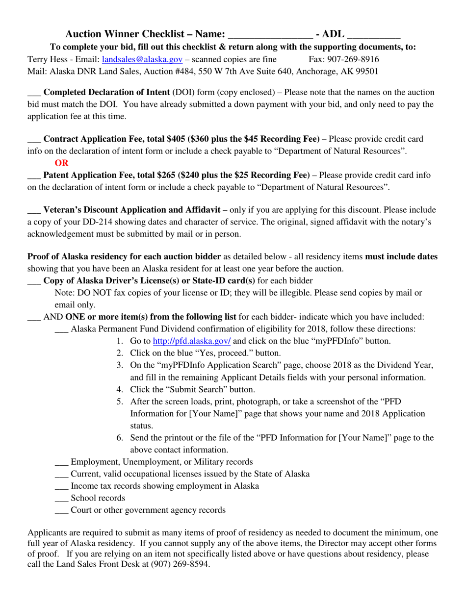 Alaska Auction Winner Checklist Download Printable PDF Templateroller