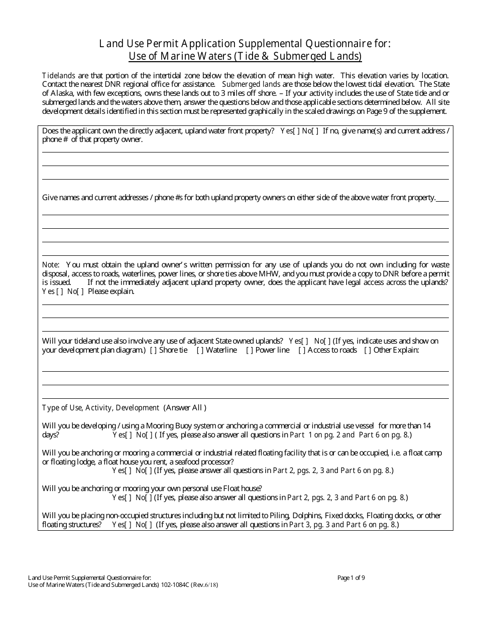 Form 102-1084C Land Use Permit Application Supplemental Questionnaire for Use of Marine Waters (Tide  Submerged Lands) - Alaska, Page 1