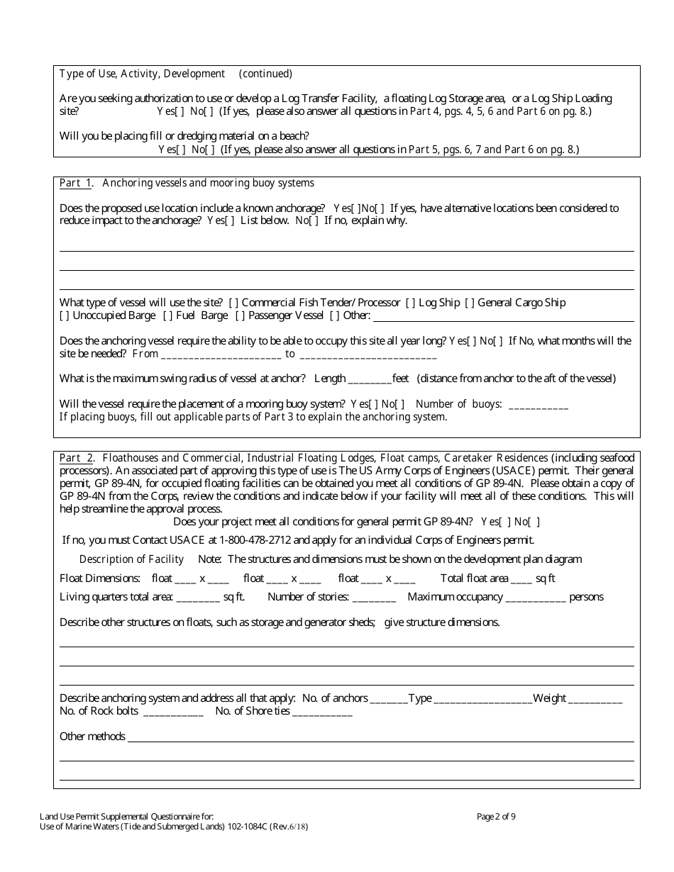 Form 102-1084C Land Use Permit Application Supplemental Questionnaire for Use of Marine Waters (Tide  Submerged Lands) - Alaska, Page 2