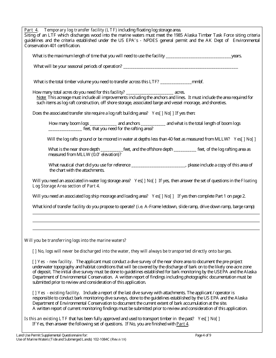 Form 102-1084C Land Use Permit Application Supplemental Questionnaire for Use of Marine Waters (Tide  Submerged Lands) - Alaska, Page 4