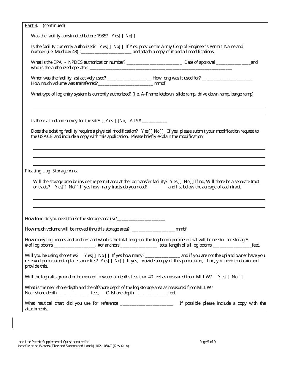 Form 102-1084C Land Use Permit Application Supplemental Questionnaire for Use of Marine Waters (Tide  Submerged Lands) - Alaska, Page 5