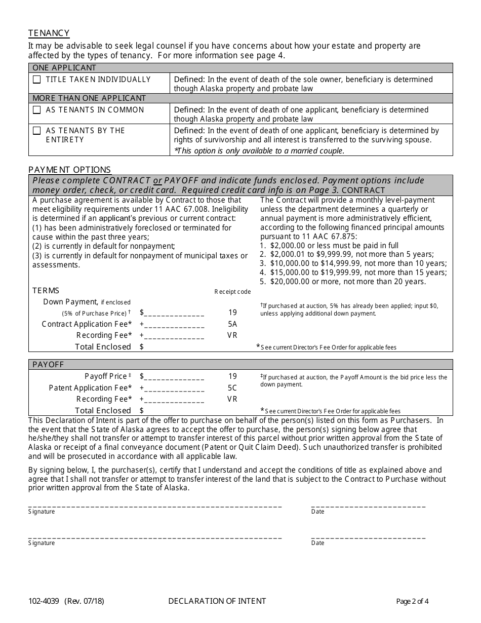 Form 102-4039 Declaration of Intent - Alaska, Page 2
