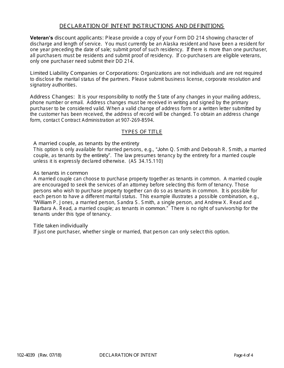 Form 102-4039 Declaration of Intent - Alaska, Page 4