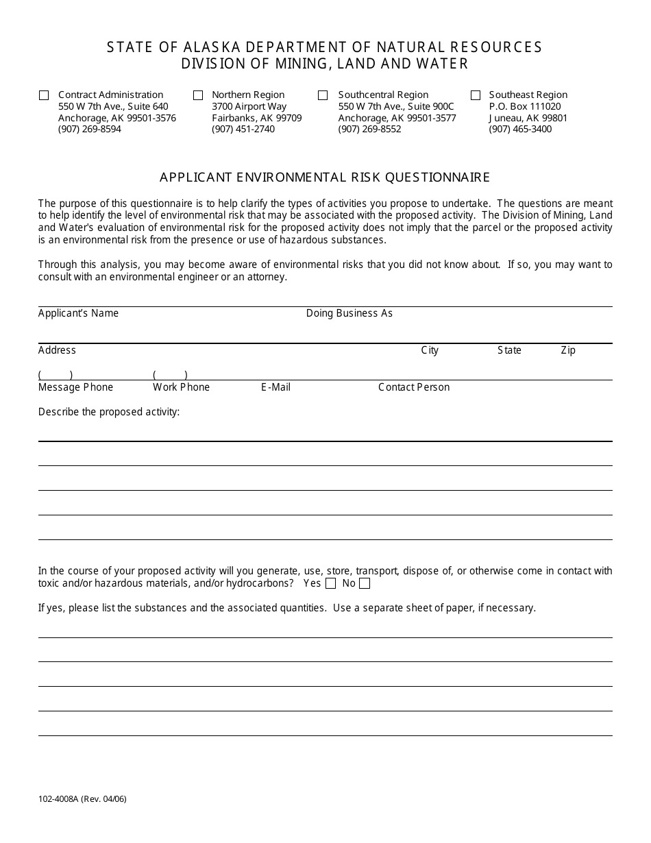 Form 102-4008A Applicant Environmental Risk Questionnaire - Alaska, Page 1