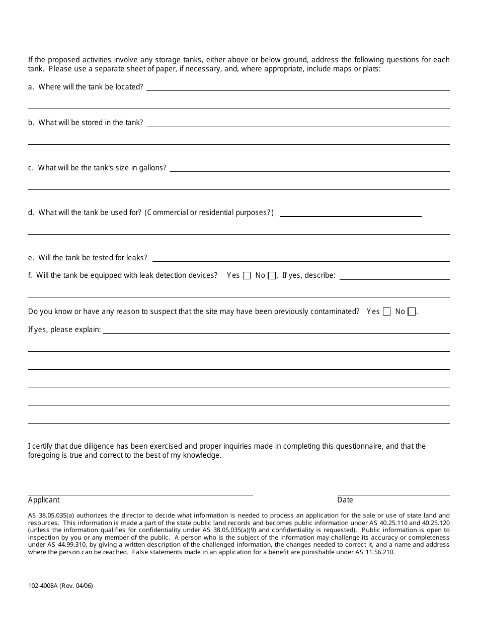 Form 102-4008A Applicant Environmental Risk Questionnaire - Alaska, Page 2