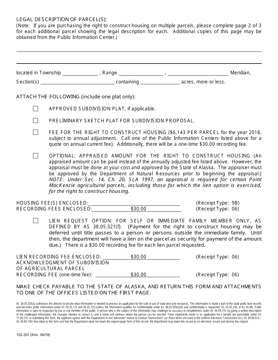 Form 102-201 Request to Subdivide, Make Payment or Lien for the Right to Construct Housing Under as 38.05.321(E) - Alaska, Page 2