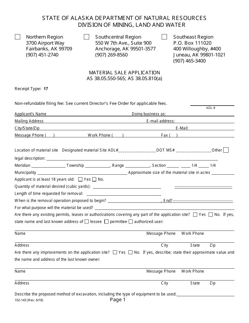 Form 102-143 Material Sale Application - Alaska, Page 1