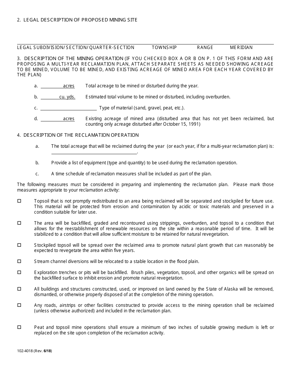 Form 102-4018 Material Site Reclamation Plan or Letter of Intent / Annual Reclamation Statement - Alaska, Page 2