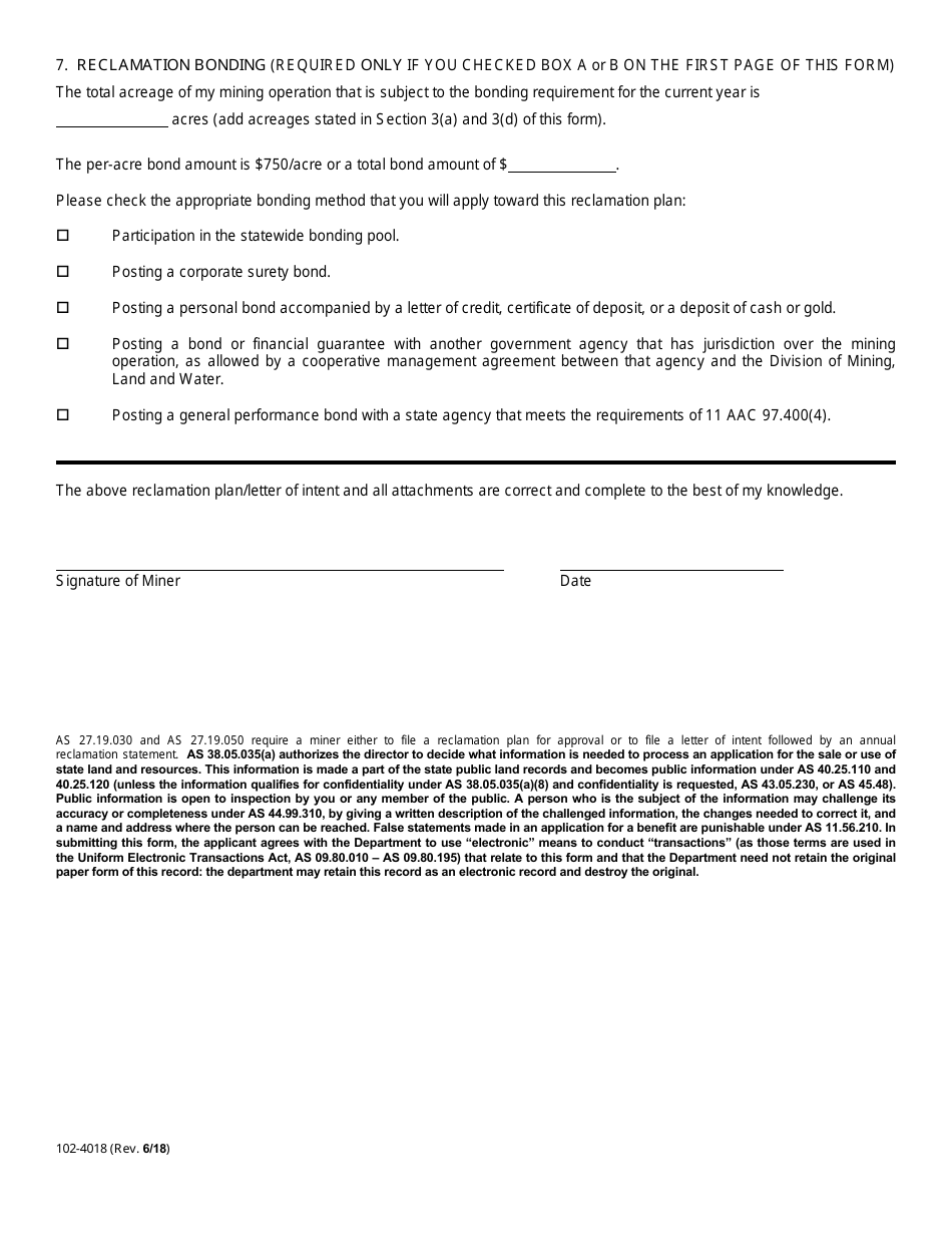 Form 102-4018 Material Site Reclamation Plan or Letter of Intent / Annual Reclamation Statement - Alaska, Page 4