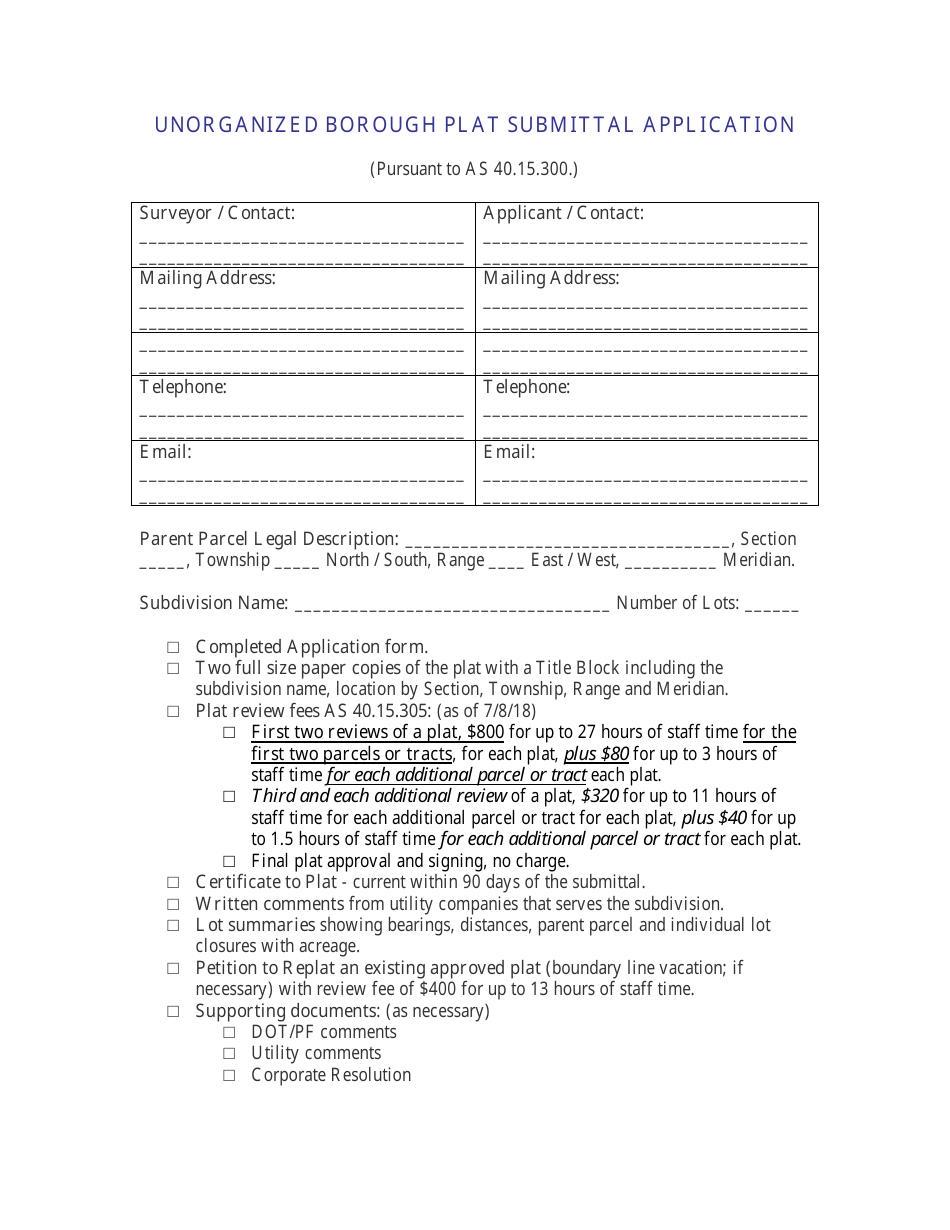 Unorganized Borough Plat Submittal Application Form - Alaska, Page 1