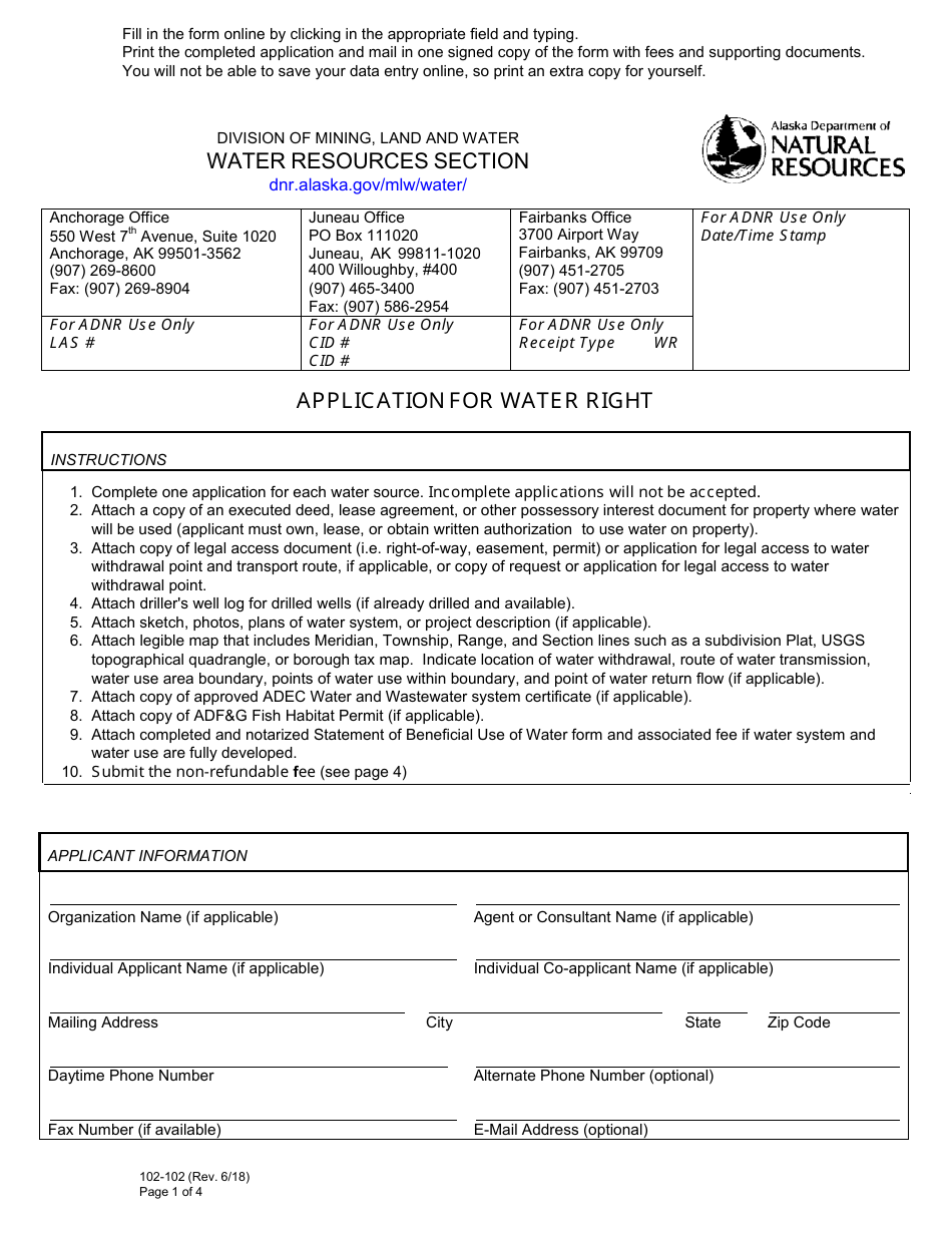 Form 102-102 Application for Water Right - Alaska, Page 1