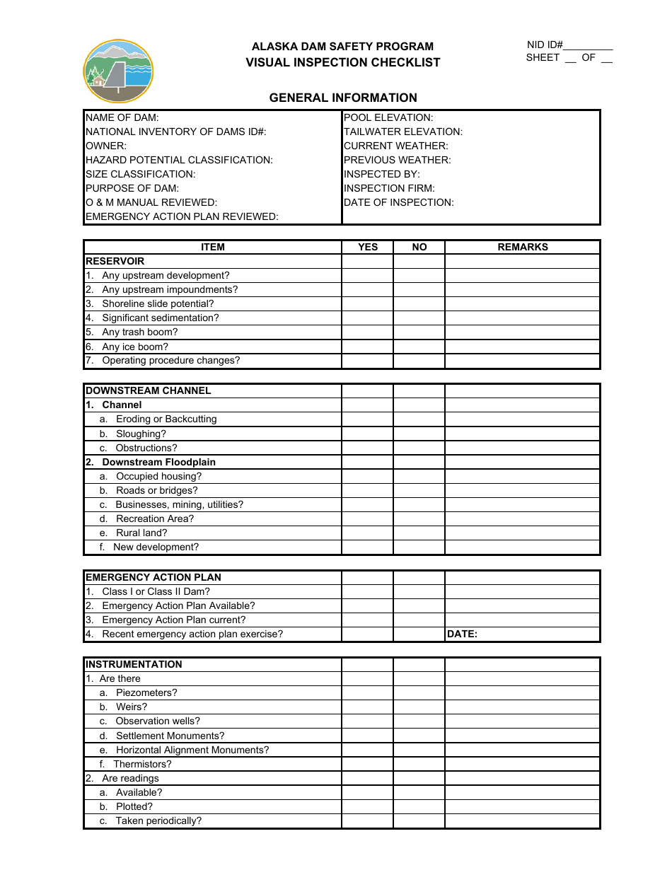 Visual Inspection Checklist - Alaska Dam Safety Program - Alaska, Page 1
