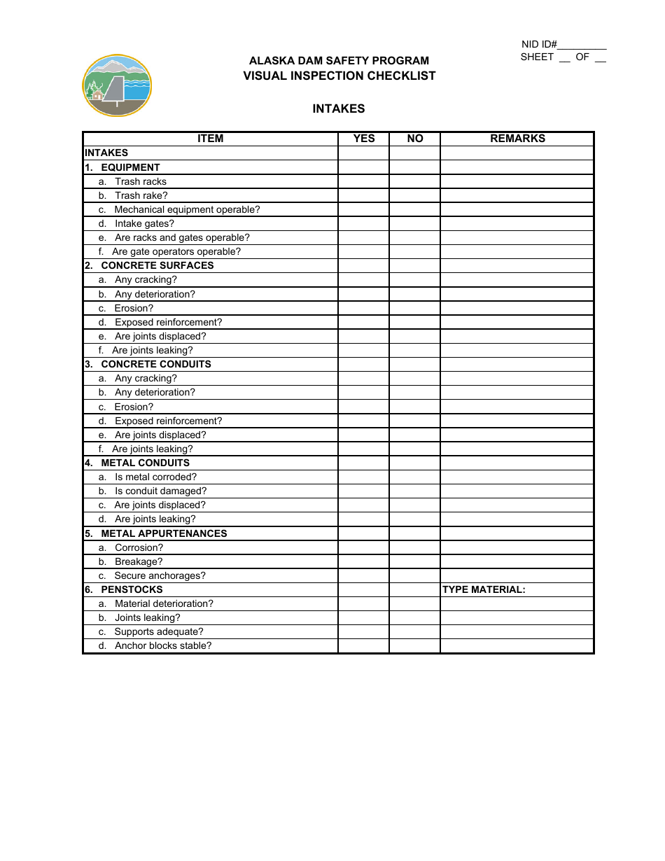 Visual Inspection Checklist - Alaska Dam Safety Program - Alaska, Page 7