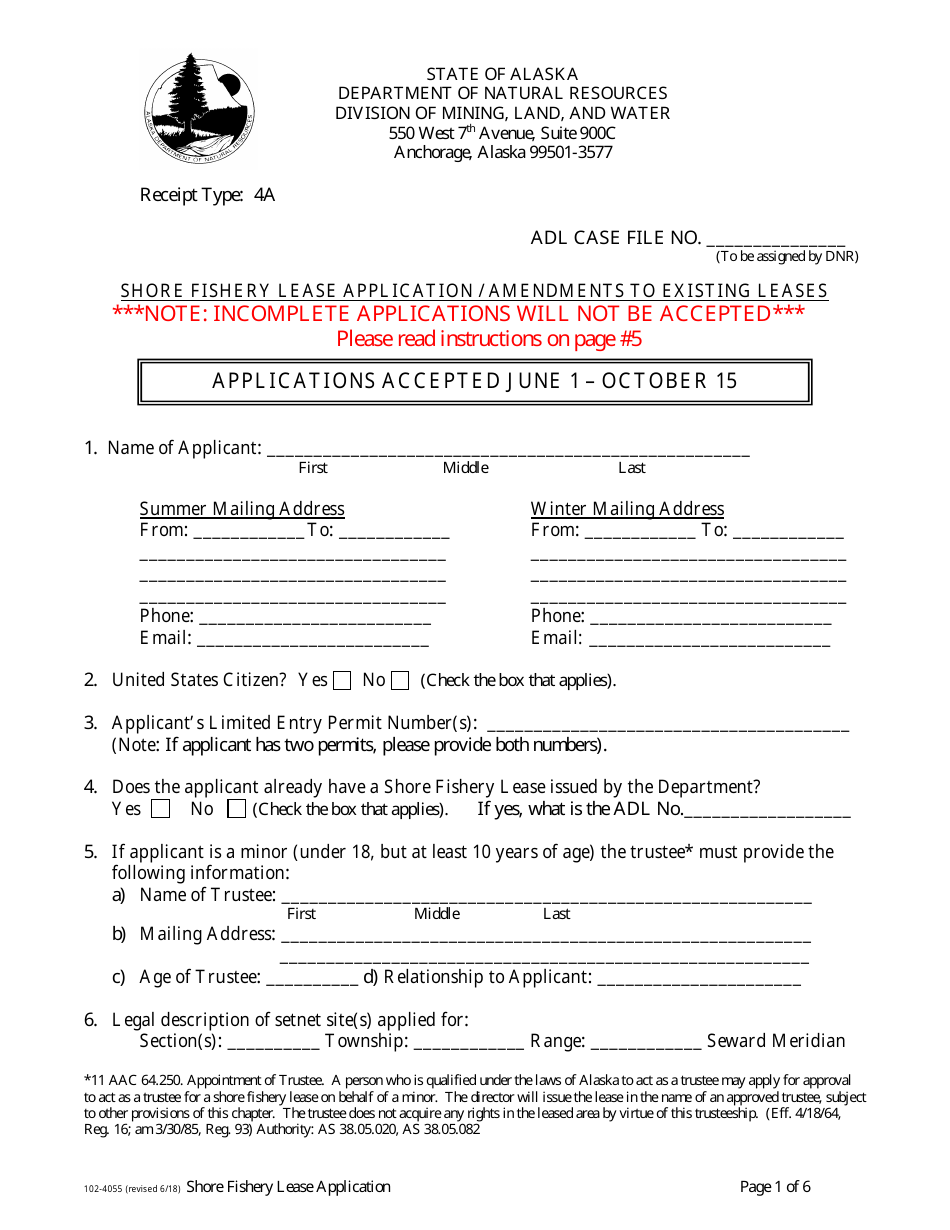 Form 102-4055 Shore Fishery Lease Application / Amendments to Existing Leases - Alaska, Page 1