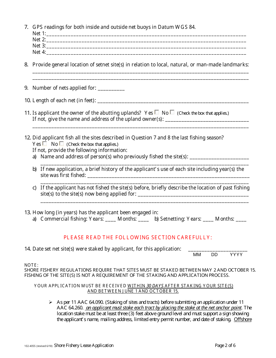 Form 102-4055 Shore Fishery Lease Application / Amendments to Existing Leases - Alaska, Page 2