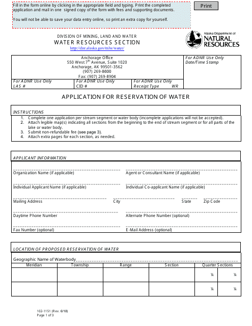 Form 102-1151 Application for Reservation of Water - Alaska