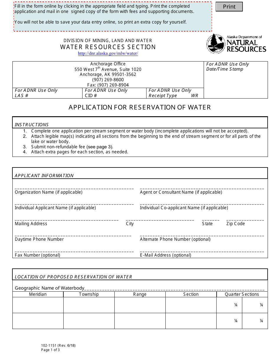 Form 102-1151 Application for Reservation of Water - Alaska, Page 1