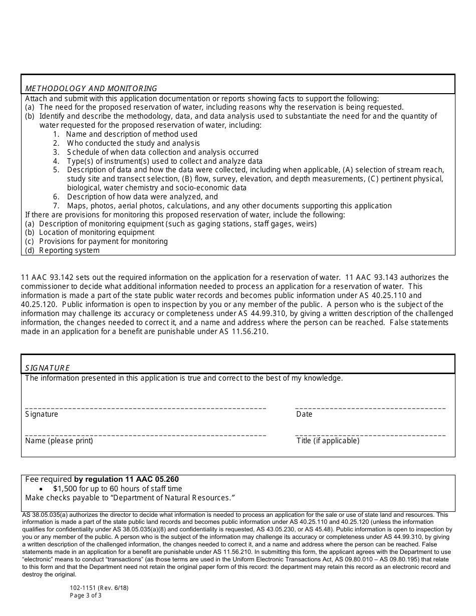 Form 102-1151 Application for Reservation of Water - Alaska, Page 3