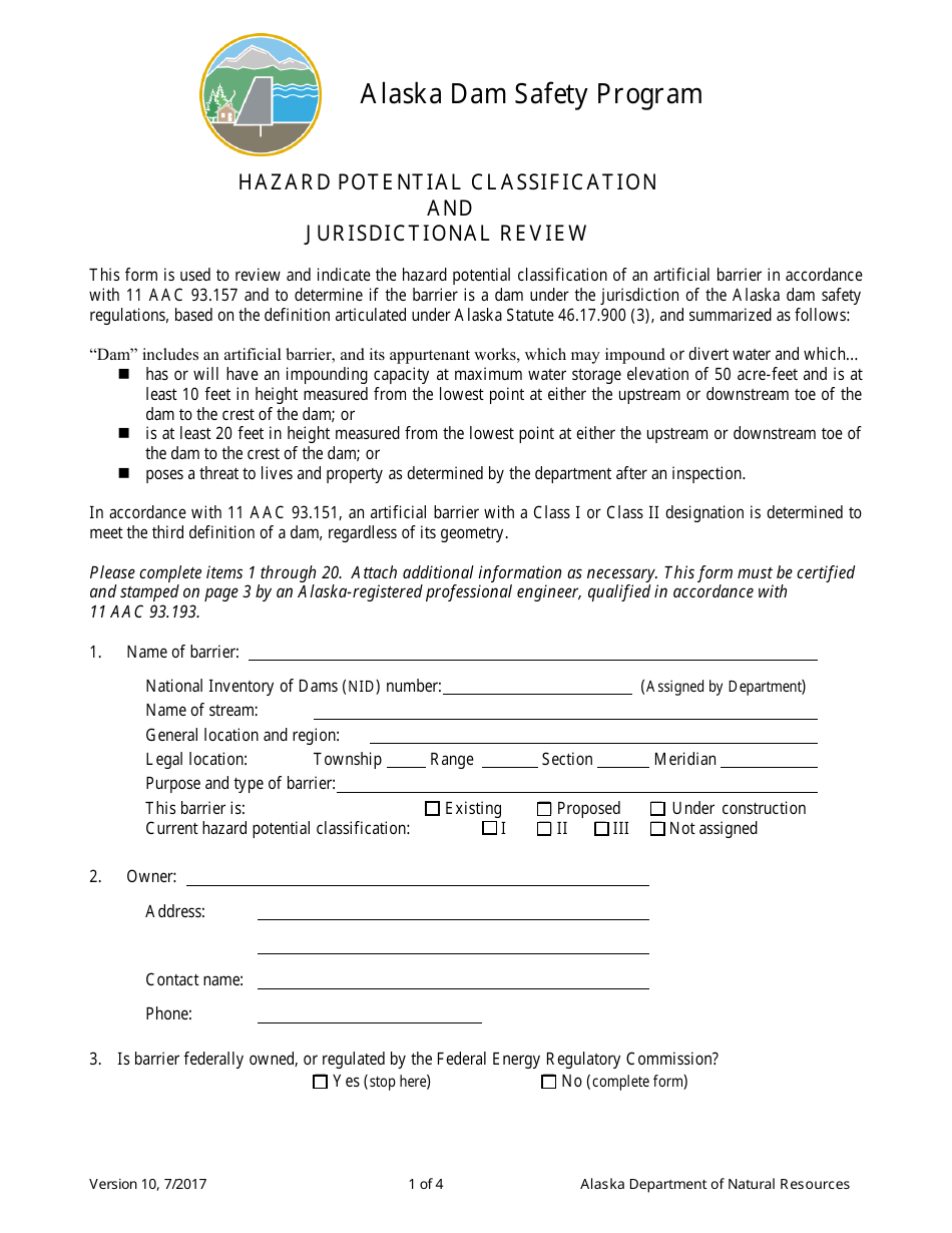 Hazard Potential Classification and Jurisdictional Review Form - Alaska Dam Safety Program - Alaska, Page 1